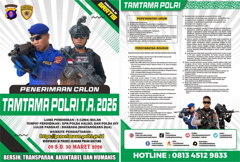 Polda Kalteng Resmi Buka Rekrutmen Polri 2026, Pendaftaran Akpol, Bintara dan Tamtama Tanpa Biaya