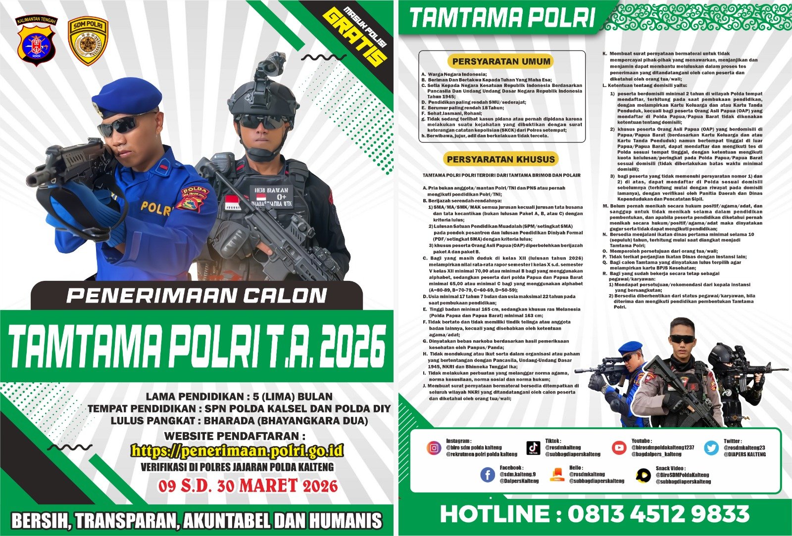 Polda Kalteng Resmi Buka Rekrutmen Polri 2026, Pendaftaran Akpol, Bintara dan Tamtama Tanpa Biaya